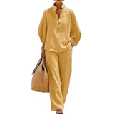 Fashion Cotton Linen  Pant Set  Women's Casual Stand Collar Button Top Wide Leg Trousers 2-piece Set Retro Female Office Suit