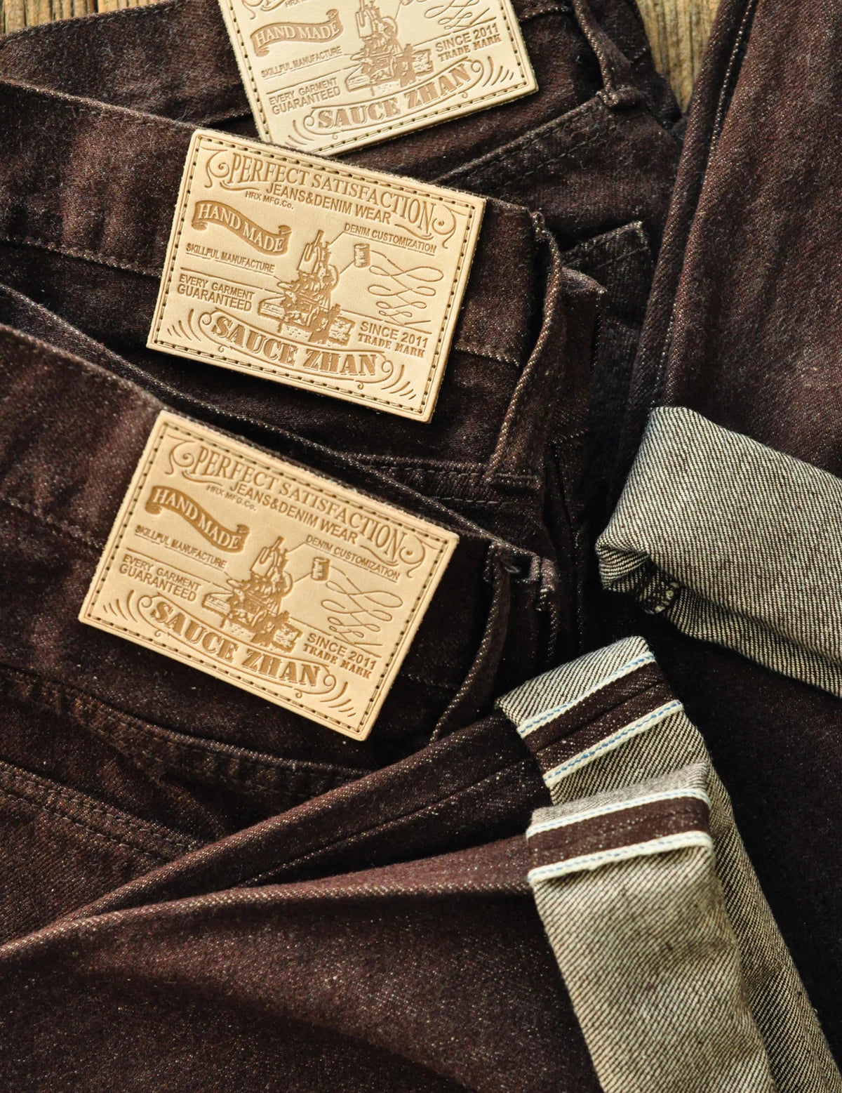 SauceZhan Brown Selvedge Denim Tapered Jeans – 13.8 oz