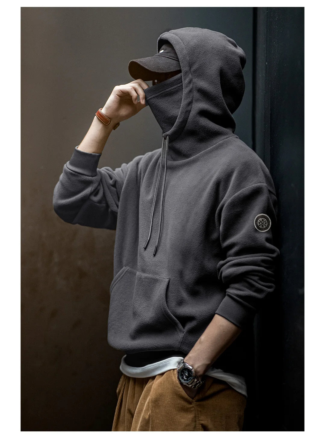 Maden Men's Polar Fleece Hoodie with Built-In Face Mask