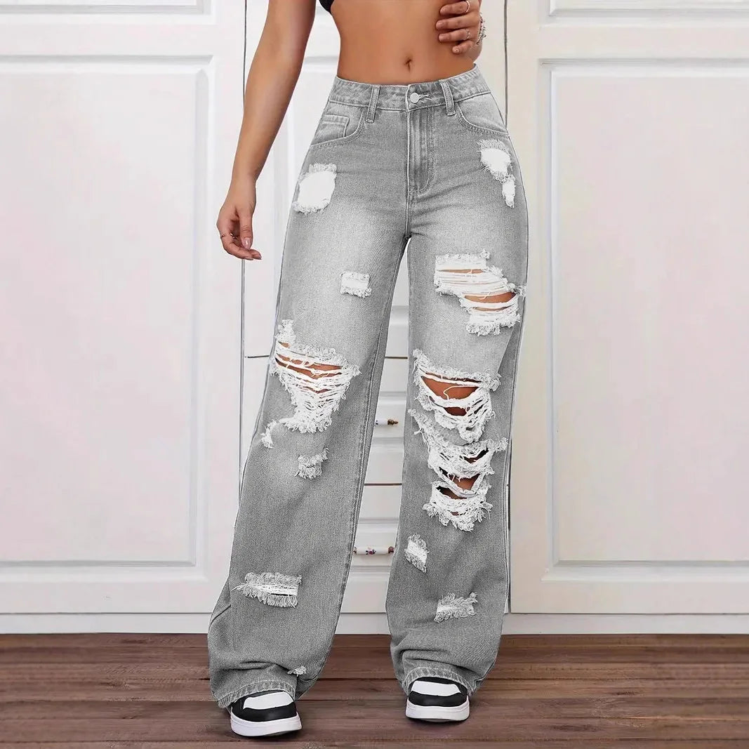 Women's Distressed Wide Leg Jeans | High Waist Denim