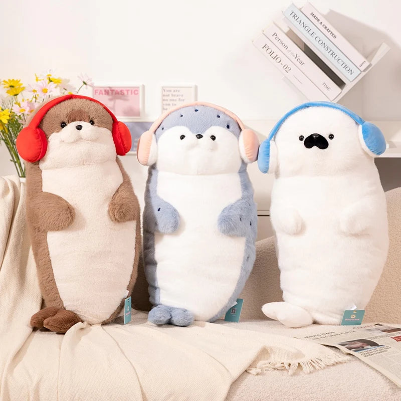 High Quality Cartoon Earphone Seal Sea Otter Plush Toy Ball Round Cushion Throw Pillow for Kids Birthday Gift School Nap Sleep