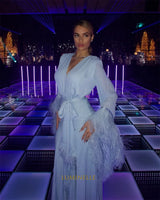 Customized V-Neck Side High Slit A-Line Prom Dresses Long Sleeve Elegant Evening Gowns Cascading Ruffle Party Dresses 2026