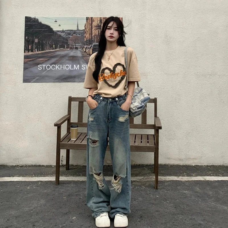 Y2K Vintage Wide-Leg Distressed Jeans