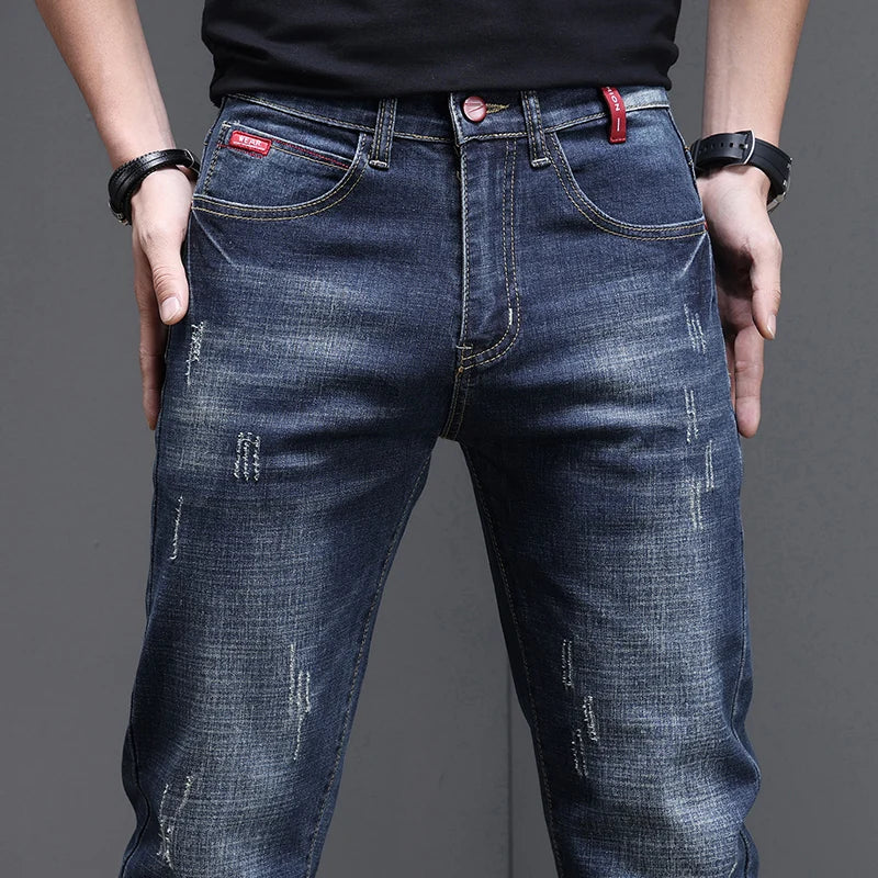 Embroidered Jeans Men's Autumn Winter New Korean Fashion Slim Little Feet Trousers Stretch Vintage Street Denim Trousers Male