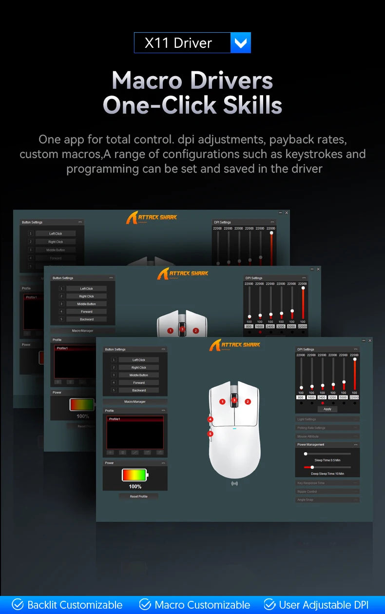 Attack Shark X11 PAW3311 22KDPI 400IPS  Wireless Mouse ,Tri-Mode Connection 2.4GHz/Wired/Bluetooth RGB  PC Gaming Mouse