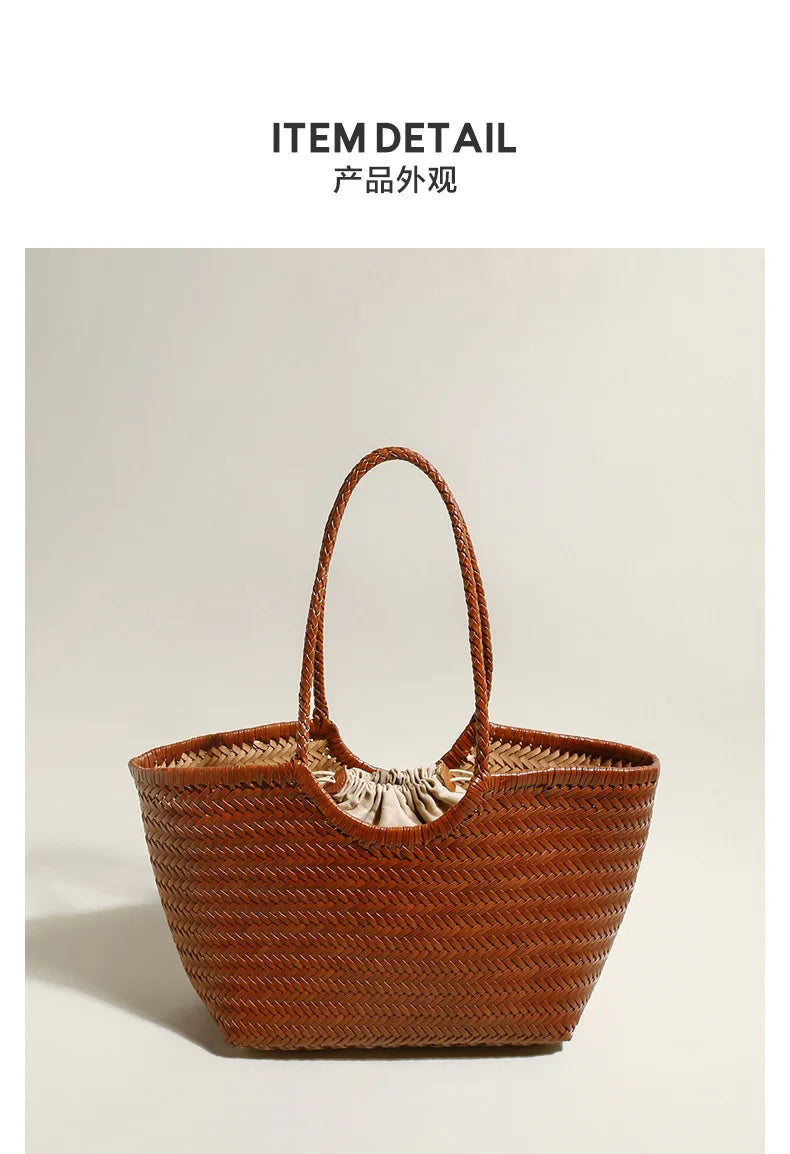Leather woven bag, large-capacity women's tote bag, holiday leisure top layer cowhide shoulder bag, vegetable basket bag.