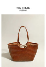 Leather woven bag, large-capacity women's tote bag, holiday leisure top layer cowhide shoulder bag, vegetable basket bag.