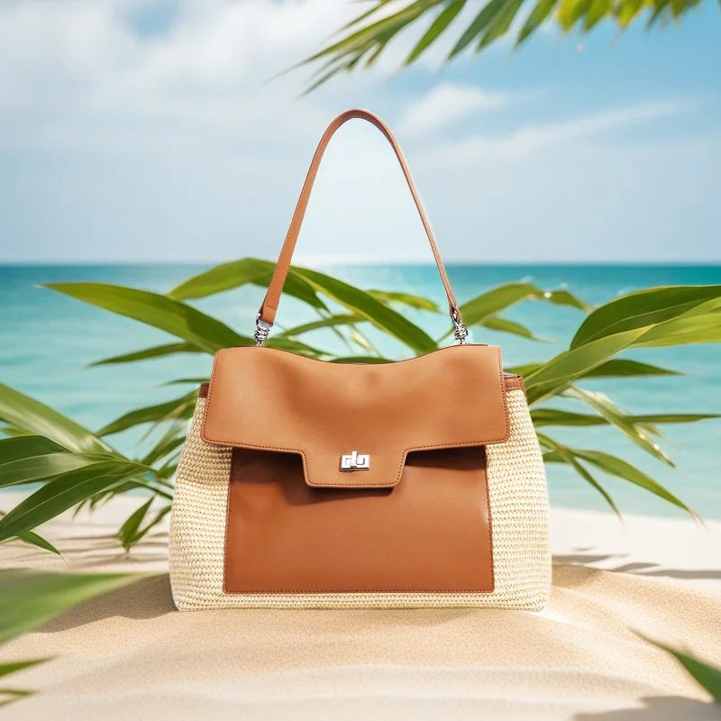 Summer 2026 Women's Raffia Woven Tote Bag Split Leather Crossbody Straw Messenger Bag Grass Weaving Shoulder Bag for Ladies New