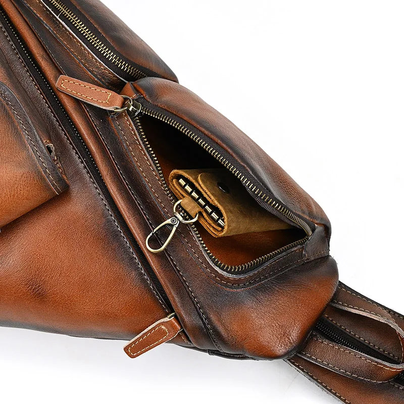 Single Shoulder Bagpack Genuine Leather Chest Bag Outdoor Riding Bag Chest Packs For Biker Men Male Sling Bags Cow Leather