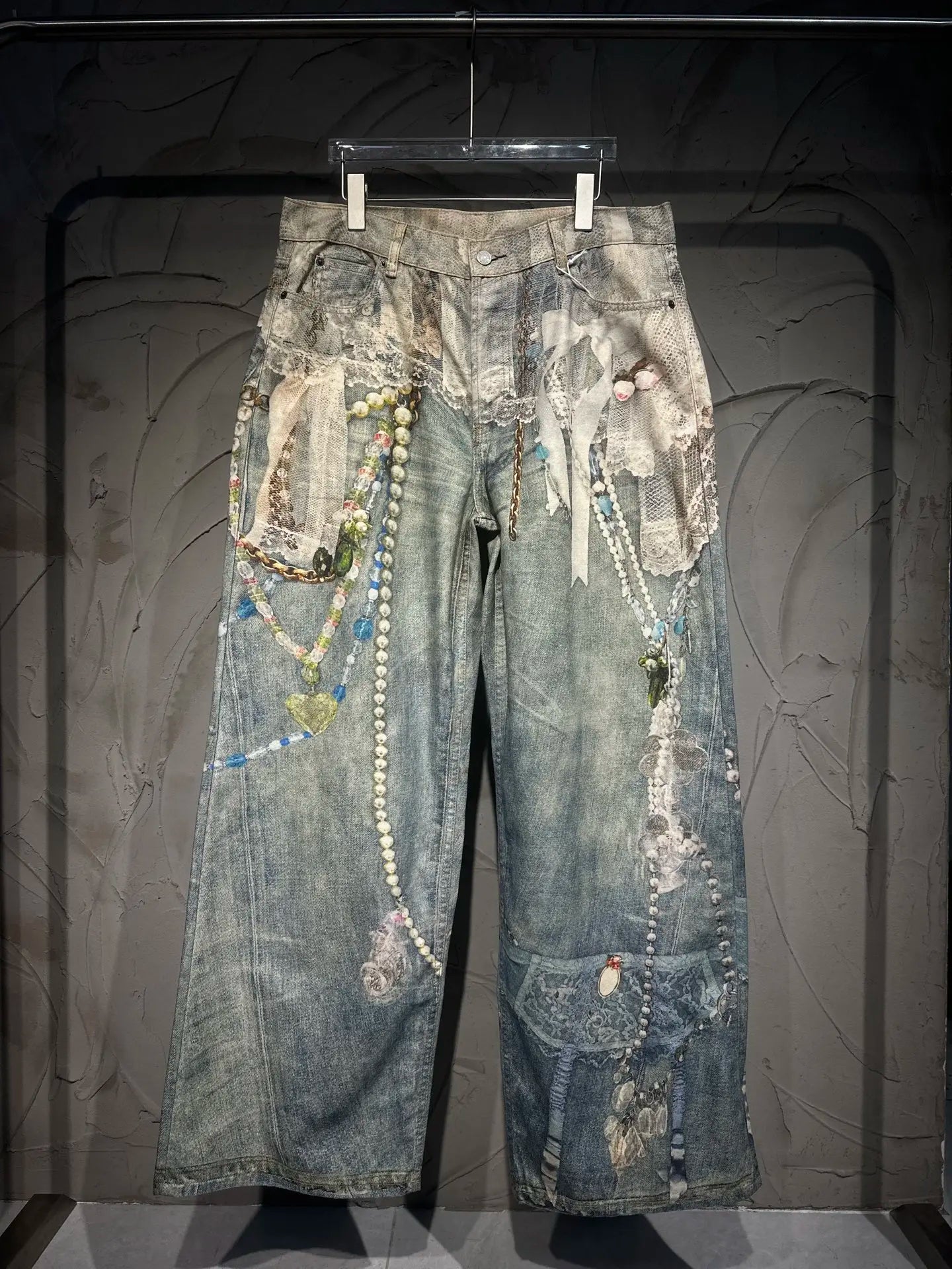 3D Pearl Chain Trompe L'Oeil Straight-Leg Jeans