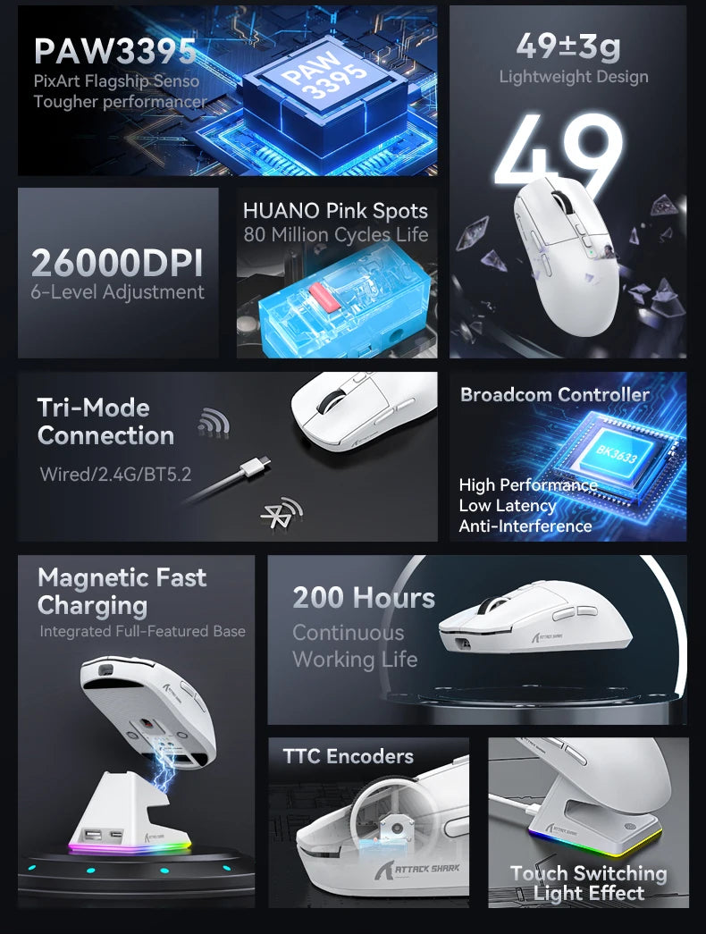 Attack Shark X6 Bluetooth Mouse Gaming Wireless Tri-Mode Connection,RGB Touch Magnetic Charging Base PAW3395 Macro Gaming Mouse