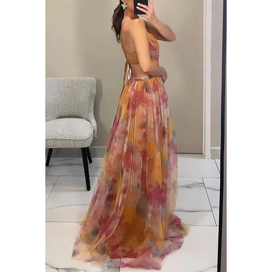 Off-Shoulder Lace Print Halter Maxi
