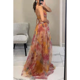 Off-Shoulder Lace Print Halter Maxi
