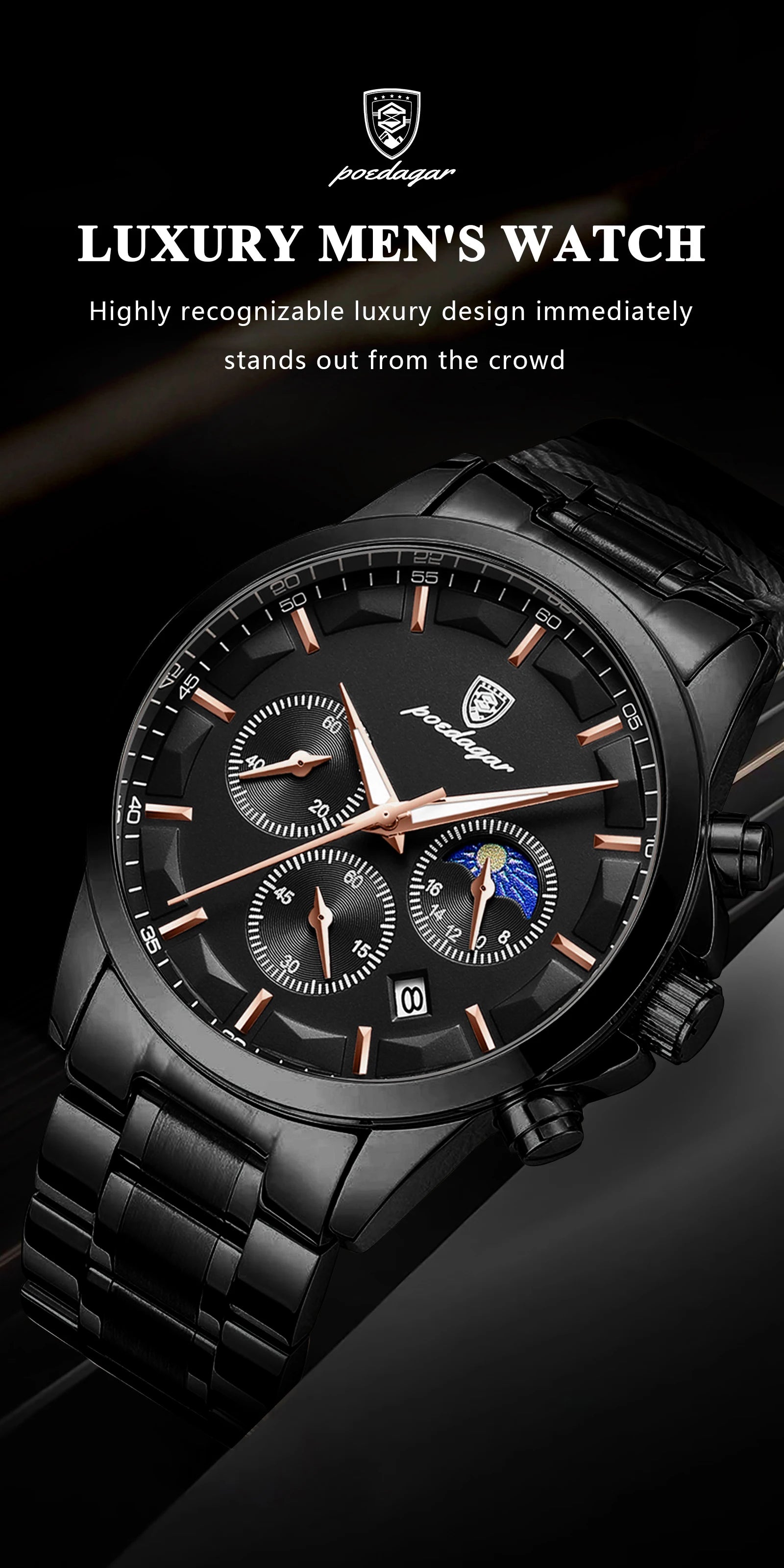 POEDAGAR 928 Men's Luxury Chronograph Watch | Luminous & Waterproof