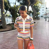 Women Patchwork Striped Hollow Out Crochet Knitted Crop Sweater Shorts Set Short Sleeve Polo Collar Sweater Knit Shorts Suit Y2K