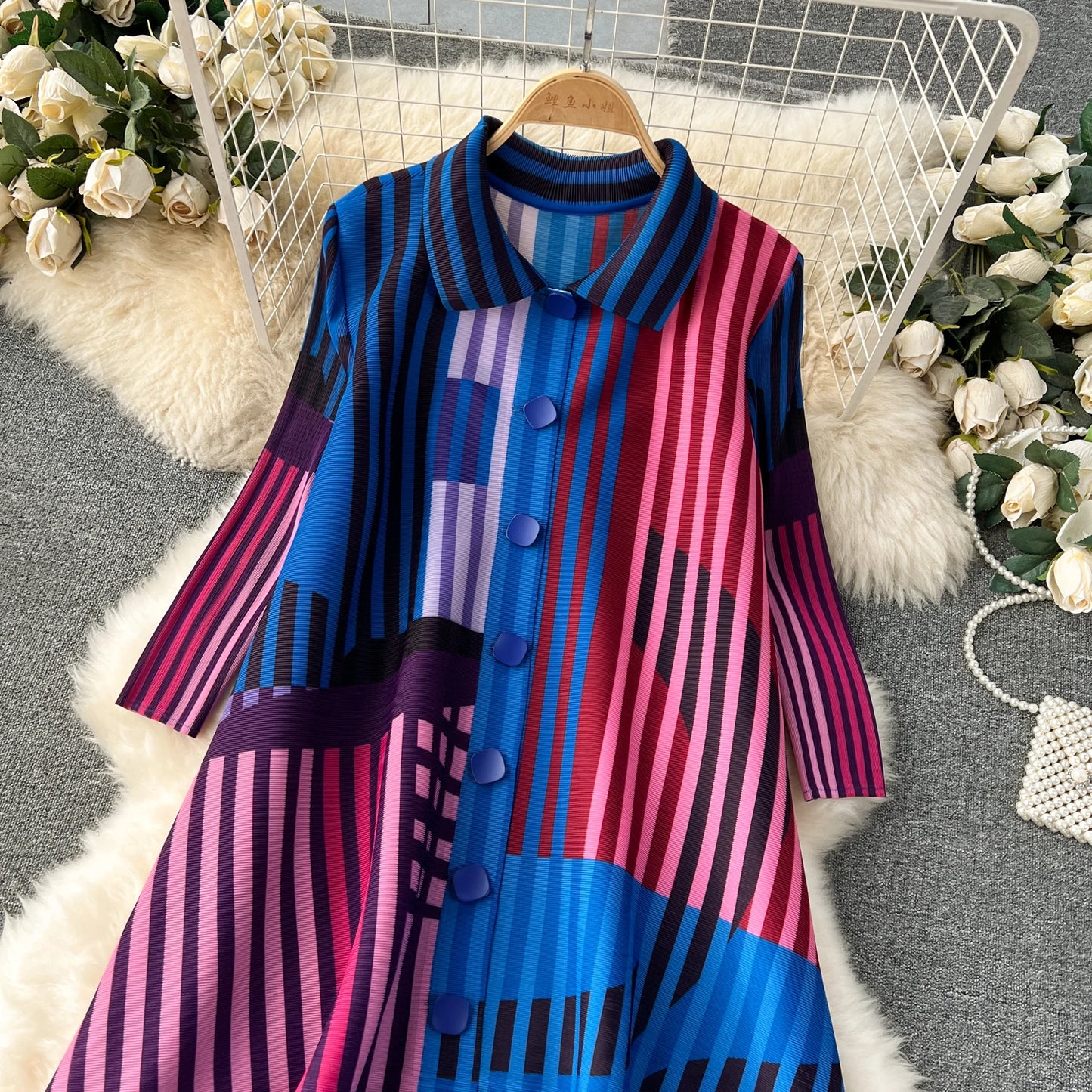 Miyake Pleated Drape Dress – Colorblock Print, 3/4 Sleeve