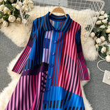 Miyake Pleated Drape Dress – Colorblock Print, 3/4 Sleeve
