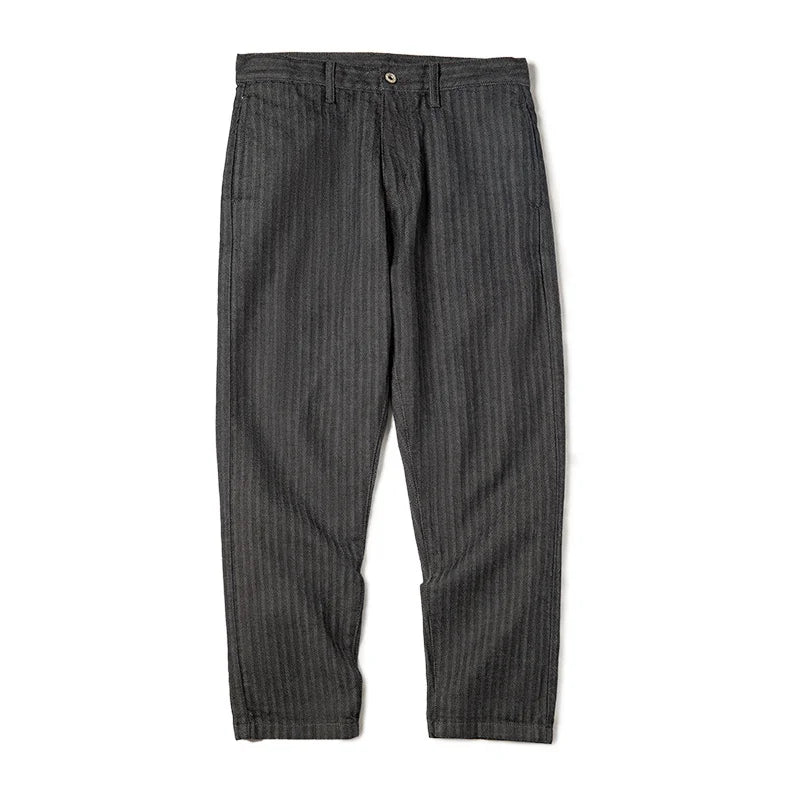 Maden Retro 12.8oz Grey Striped Jeans Straight Fit Zip Fly with Pockets Versatile Herringbone Trousers for Men's Spring and Fall