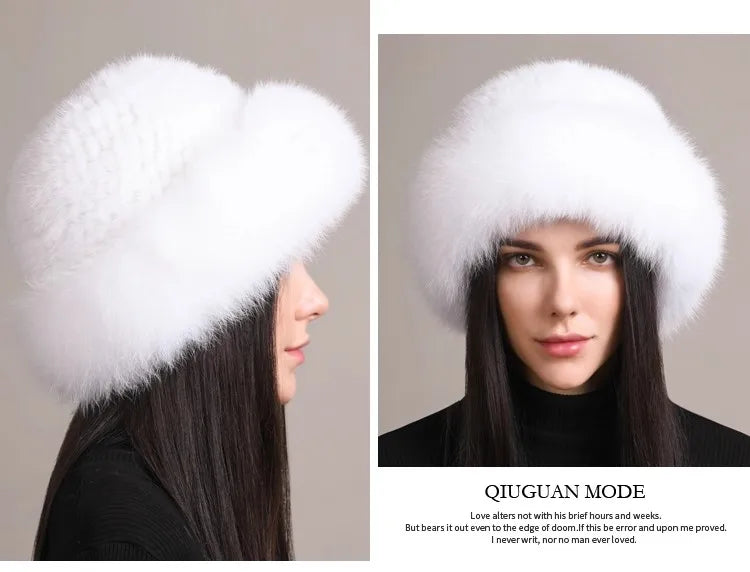 Genuine Knitted Mink Fur Hat with Fox Fur Brim