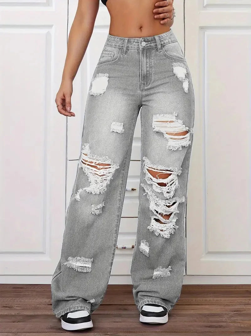 Women's Distressed Wide Leg Jeans | High Waist Denim