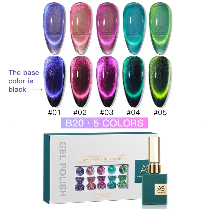 AS 15ml Glitter Cat Magnetic Nail Gel Polish Set 5 Colors Holographic Semi Permanent UV Gel Soak Off Sparkling Nail Art Varnish