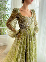 Glitter A-Line Evening Gown | Square Neck & Pearl Lace