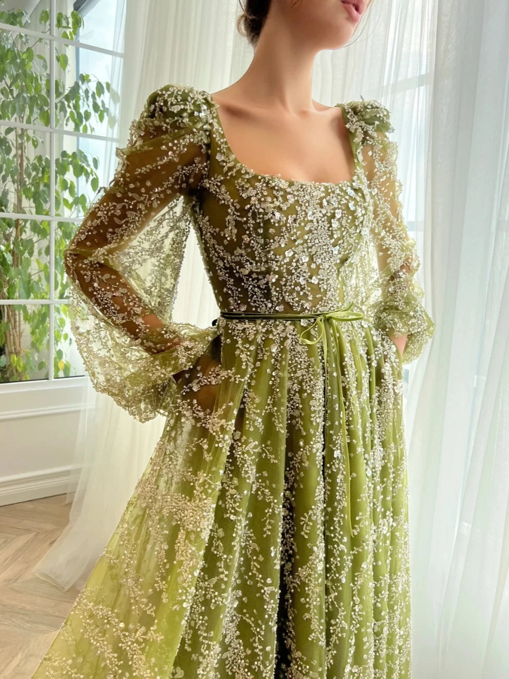 Glitter A-Line Evening Gown | Square Neck & Pearl Lace