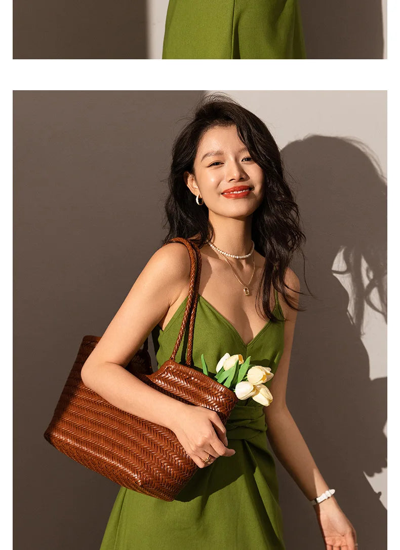 Leather woven bag, large-capacity women's tote bag, holiday leisure top layer cowhide shoulder bag, vegetable basket bag.