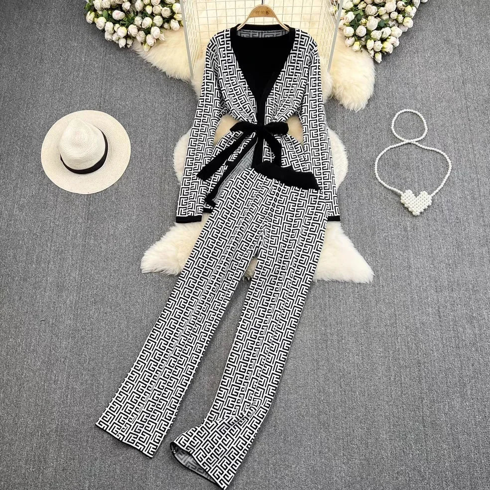 3-Piece Women’s Knitted Set: V-Neck Belted Cardigan & High-Waist Wide-Leg Pants
