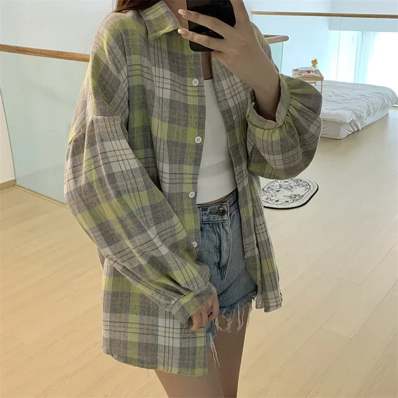Vintage Plaid Long-Sleeve Blouse