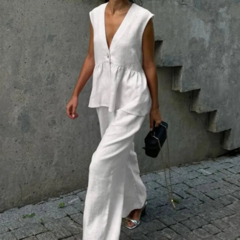 Fashion Women's Trouser Suits Sleeveless V-Neck Top Women Casual Straight Pants Sets Summer Women's Suit Commuter 2 Piece Set