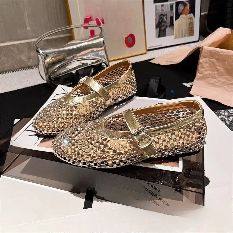 Rhinestone Mary Jane Mesh Ballet Flats