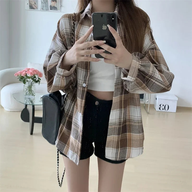 Vintage Plaid Long-Sleeve Blouse