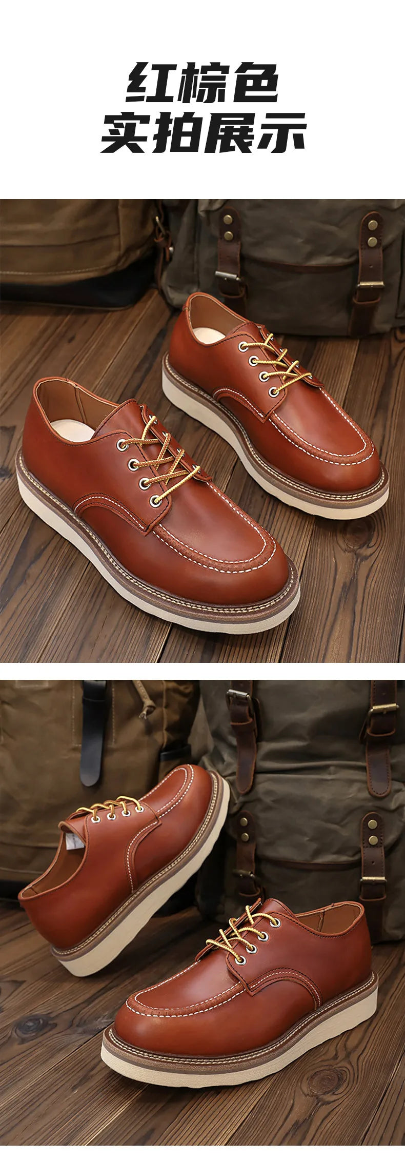KOWM cow leather Hiking shoes Brown trekkin boots men  low cut workwear big toe shoes trendy casual ankle shoes walking sneakers