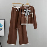 Autumn Women’s Elegant 2-Piece Pleated Set – Knit Bowknot Top & Wide Leg Pants