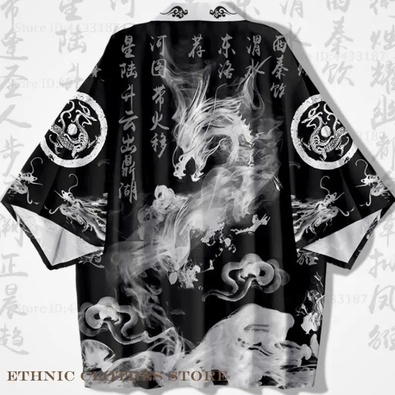 Men's Dragon Print Kimono Cardigan — Oversized Haori Yukata Shirt