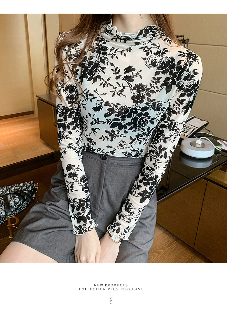 Women's Flocking Mesh Long Sleeve Top Floral Turtleneck
