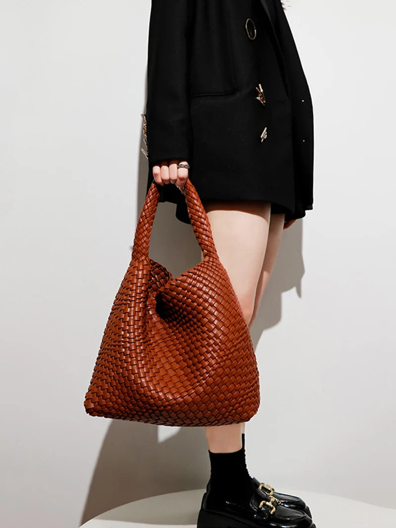 2025 Women Bag Luxury PU Leather Handbag Lady Fashion Handmade Knitting Tote Female Hand-woven Basket Shoulder Bag with Purse