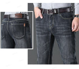 OUSSYU Brand Classic Retro Blue Men's Jeans Denim Pants Work Streetwear Straight Stretch Business Autumn Winter Cotton Trousers