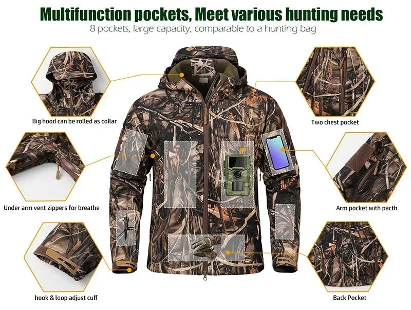 Men's Silent Camouflage Hunting Jacket Soft Shell Outdoor Hiking Fishing Hooded Coat Waterproof Fleece Tactical Jackets