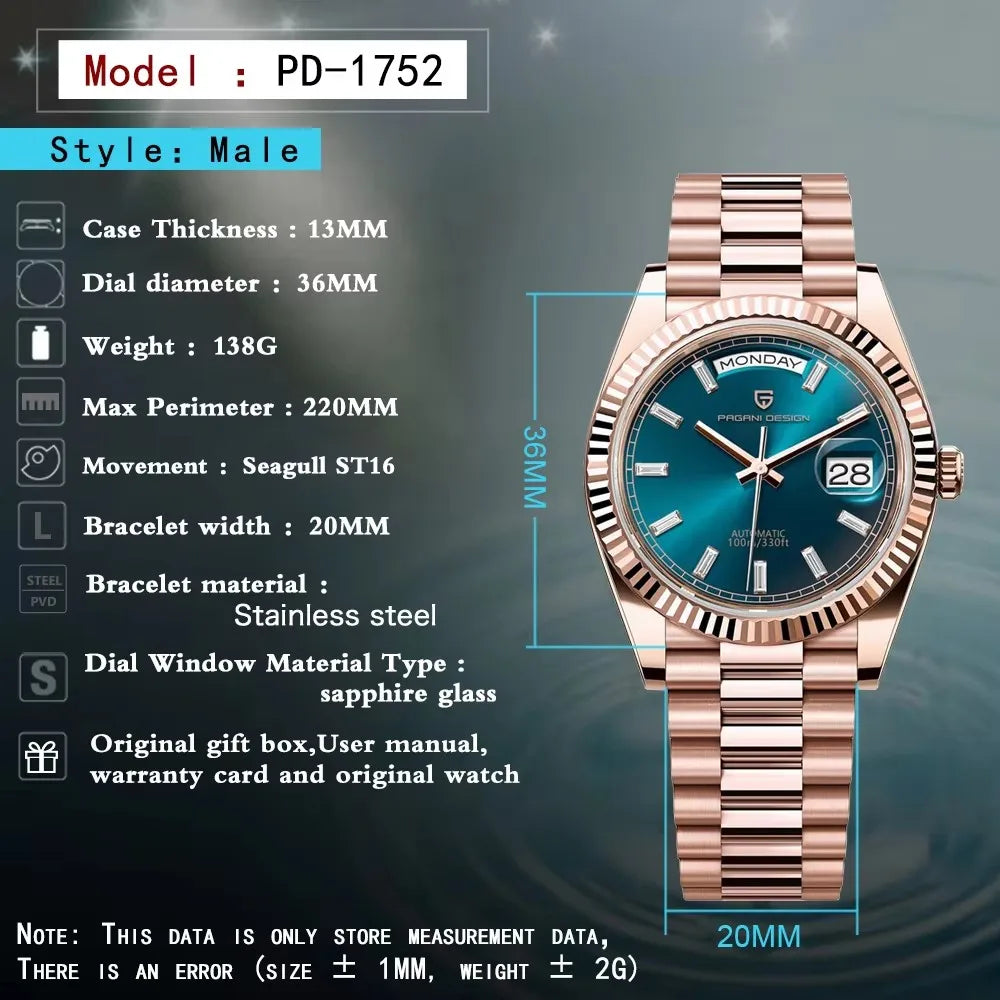 PAGANI DESIGN DD36 Rose Gold Mens Watches Mechanical Wristwatch Automatic Watch Man Fashion Waterproof AR Sapphire Mirror Clock
