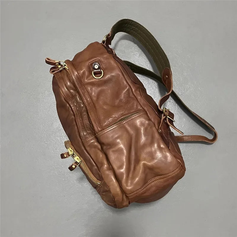 Vintage luxury genuine leather large capacity men's backpacks outdoor daily travel handmade soft real cowhide laptop schoolbags