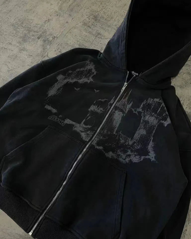 Man Hoodie Y2k Goth Streetwear Men Hip Hop Streetwear Harajuku Gothic Pattern Zip Up 90s Graphic Sweatshirt Japanese Anime