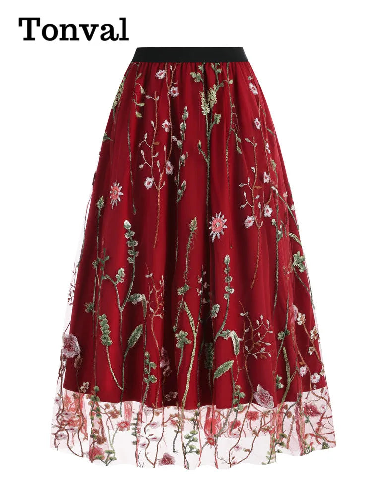 Tonval Floral Embroidered Mesh Midi Skirt – Elegant & Vintage