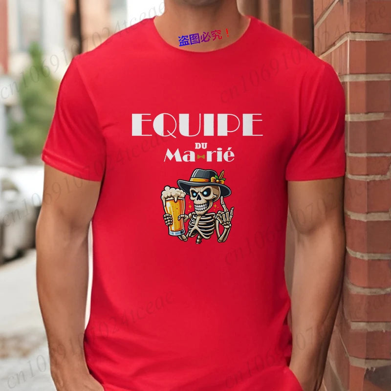 French Funny Single Farewell Bachelor Party T-shirt Wedding Beer Skeleton Tops Evg Team Married Tee Future Groom Man Squad Shirt