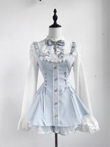 Japanese Y2 Aesthetics Vintage Bow Dress Shorts Set Women Gothic Lolita Style Long Sleeve Shirt Dress Elegant Party Dress Suits