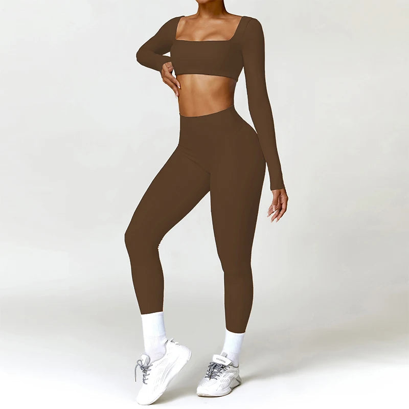 2-Piece Women's High-Waist Yoga Set – Seamless Long Sleeve Workout Suit