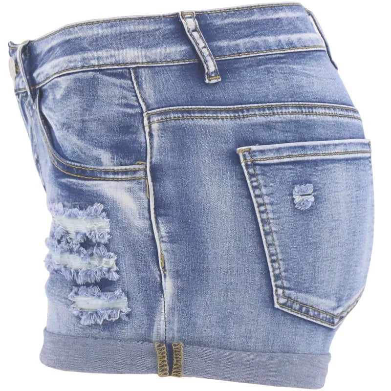 Women’s Mid-Waist Distressed Denim Shorts – Slim Fit Summer Beach Wear