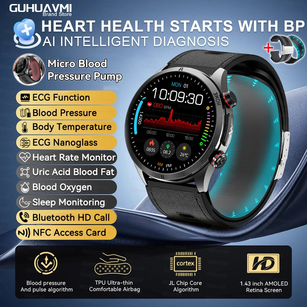 2026New Blood Pressure Air Pump Airbag Accurate Measure Smart Watch Men Micro Physical Examination Health ECG Smartwatch NFC BOX