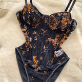 Vintage Elegant Fishbone Print Bodysuit – Chic Fairy Floral Summer Blouse Shirt